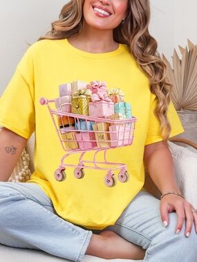 Gildan Yellow Short Sleeve Tee with Pink Shopping Cart Gift Graphic
